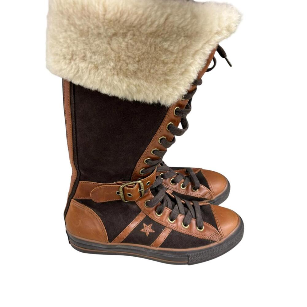 Converse Unisex Vintage Tall Shearling Lace-Up Winter Boots Brown Leather Canvas - Picture 6 of 11